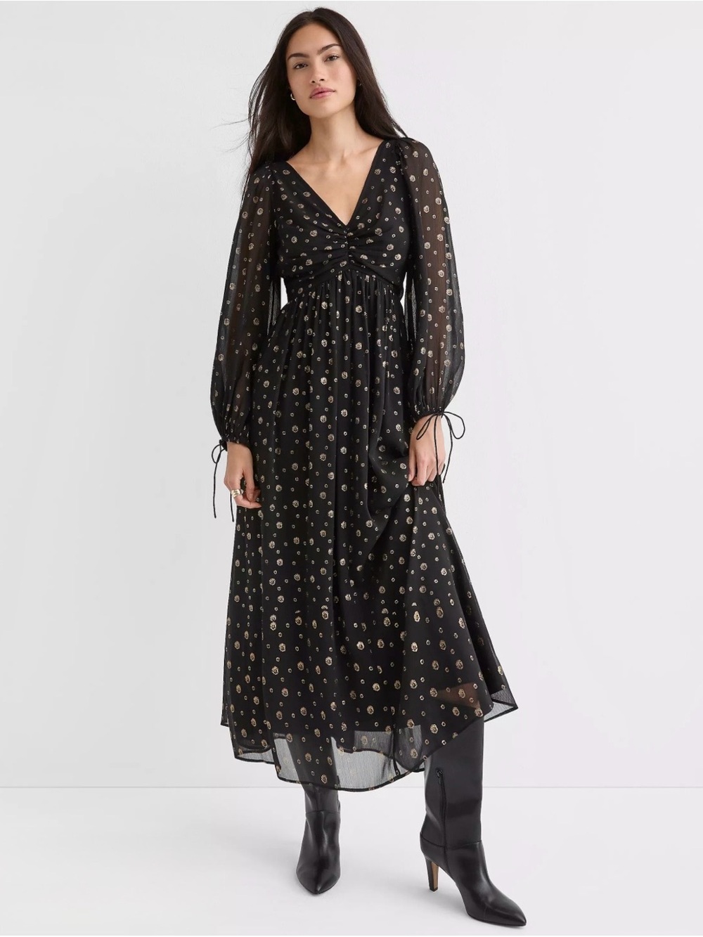 LOFT Black Maxi Dress with Gold Dot Print